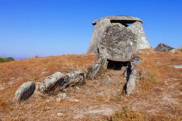 Ruins of the former underground entrance tunnel of the Tapadao dolmen in Crato, the second biggest in Portugal. Located in Aldeia da Mata, Crato.