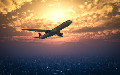 Fototapeta na wymiar Airplane flying over the city sunrise 3d rendering