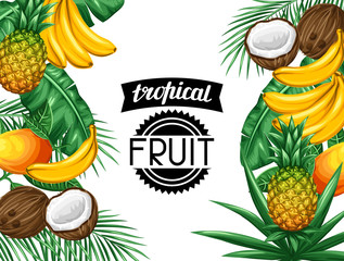 Background with tropical fruits and leaves. Design for advertising booklets, labels, packaging, menu