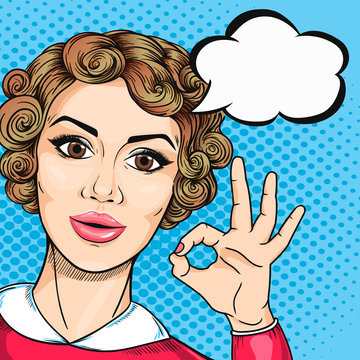 Joyful woman showing OK hand sign in pop art retro comic style. Hand drawn retro woman with speech bubble and Okay gesture, all right.