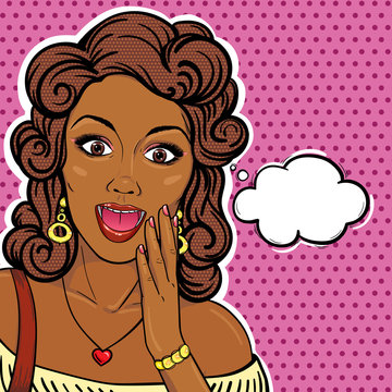 Curly haired African american woman surprised face with thought bubble in pop art retro comic style. Afro woman portrait - shocked look with open mouth and staring yeas.