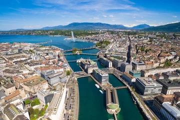 Zelfklevend Fotobehang Aerial view of Leman lake -  Geneva city in Switzerland © Samuel B.