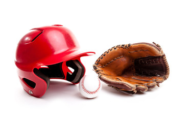 Baseball Helmet, Glove and Ball on White Background © ronniechua