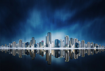 architectural building in panoramic view,city skyline  on blue