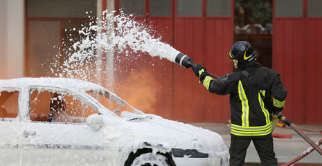 Obraz premium firefighters during exercise to extinguish a fire in a car