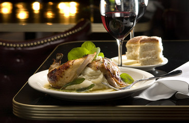 roasted chicken with garlic potatoes and biscuits
