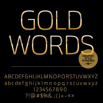 Vector set of shiny golden alphabet letters, numbers and punctuation symbols. Compact normal style