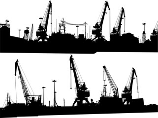 Set of two panoramas of silhouettes of port buildings