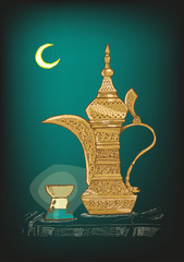 Fototapeta na wymiar Hand Drawn Arabic Coffee Pot locally called Dallah used mostly in Gulf or Arab countries to serve khaleeji coffee. Shown are the Ramadan Crescent Moon and Candle light holder. Editable Vector EPS10. 