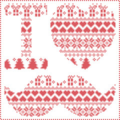 I love hipster pattern in Scandinavian Nordic winter stitching  knitting  christmas style with mustache, love heart  christmas presents, snow, stars, decorative ornaments on red background