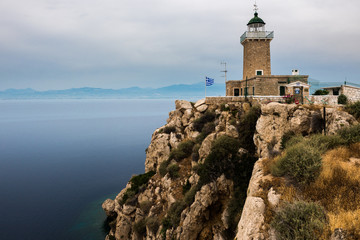 Fototapeta na wymiar The Melagavi lighthouse near Loutraki (Greece)