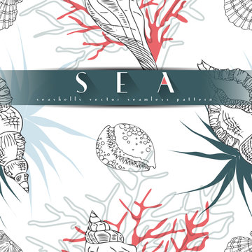 Seashells vector seamless pattern with algae, red corals in different forms white background. Sea life, underwater isolated hand drawn concept illustration.