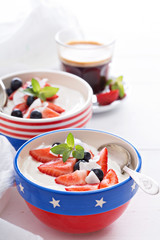 Yogurt bowls with strawberry and blueberry