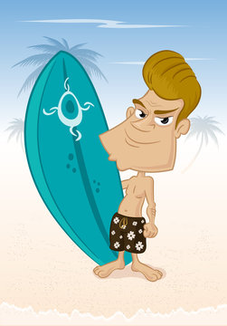 Happy cartoon surfer on the beach holding surf board vector illustration