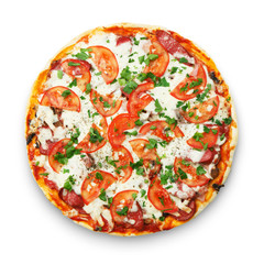 Delicious pizza with mushrooms and smoked chicken