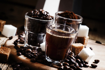 Black coffee, ground coffee, robusta coffee beans, steel Italian