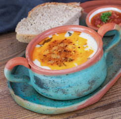 Turkish traditional yoghurt soup in ceramic pottery