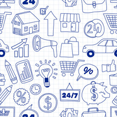 Doodle vector seamless pattern with business elements