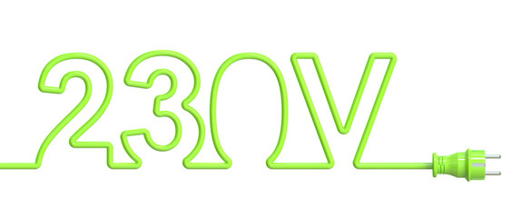 230 Volt concept from green wire and plug. 3D rendering