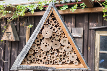 homemade insect hotel in the garden