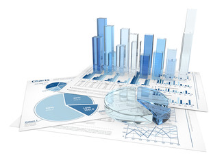 Finance. Financial documents with 3D graphs and pie charts of glass.