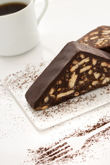 Chocolate biscuit cake with coffee