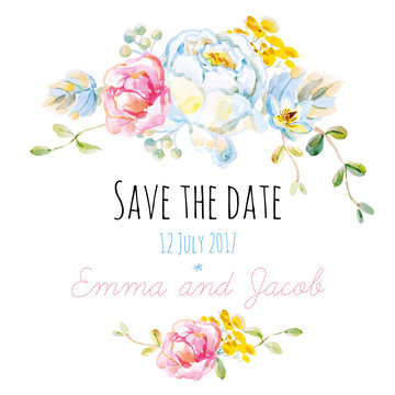 Save the date or wedding invitation with white rose on the white background. Watercolor with delicate flowers.
