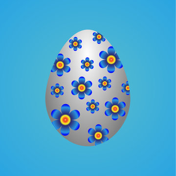 Vector white Easter egg with blue flowers on a blue background