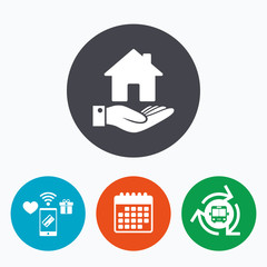 Home and hand sign. Palm holds house symbol.