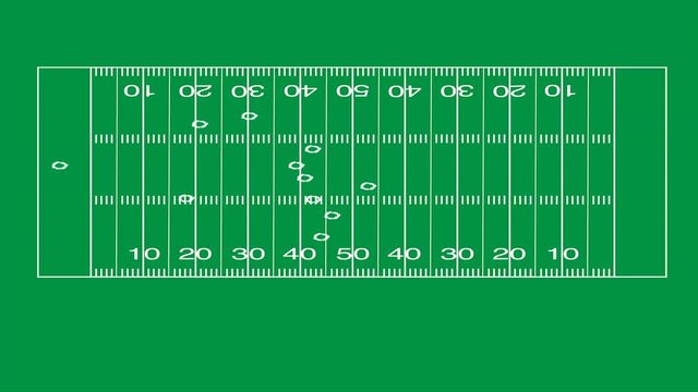 Animated diagram on the x's and o's of an offensive scoring football play on green screen with regulation field illustrated.