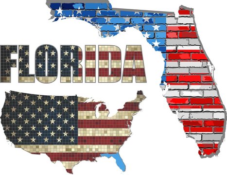 USA state of Florida on a brick wall - Illustration,
The flag of the state of Florida on brick textured background, 
Florida Flag painted on brick wall,
Font with the United States flag