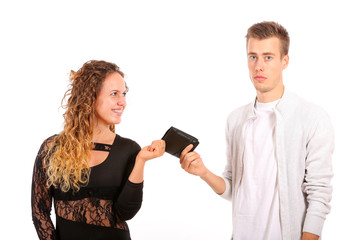 Man is giving wallet to the woman, isolated on white background