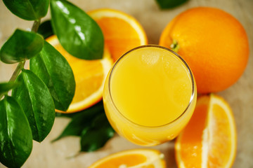 Glass of fresh orange juice with ice