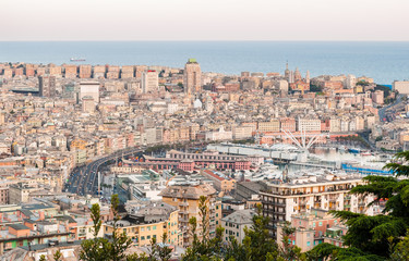 Fototapeta na wymiar Panoramic view of the city center of Genoa after the sunset