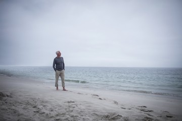 Thoughtful retired man standing on the beach 
