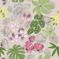 seamless pattern colored tropical plants on grey background. vector illustration