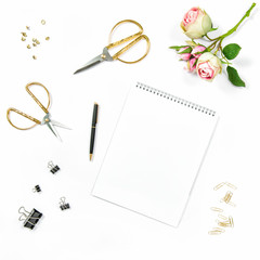 Flat lay sketch book rose flowers golden accessories