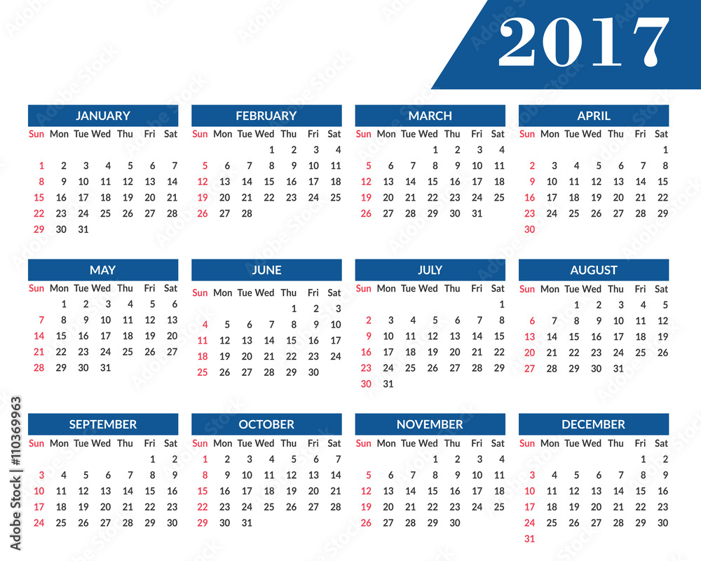 Fototapete simple 2017 year calendar. clean, modern, flat style calendar for 2017 isolated on a white backgroun