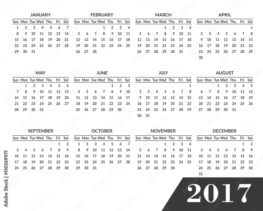 Fototapete simple 2017 year calendar. clean, modern, flat style calendar for 2017 isolated on a white backgroun