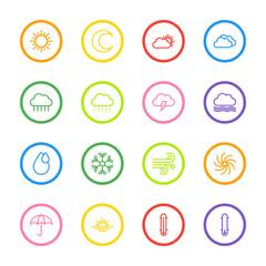 colorful line weather icon set with circle frame for web design, user interface (UI), infographic and mobile application (apps)