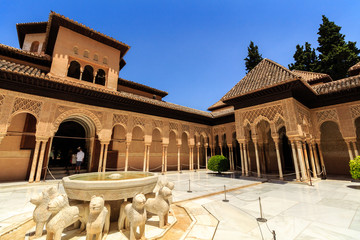 Courtyard of the Myrtles (Patio de los Arrayanes) in La Alhambra, Granada, Spain. 