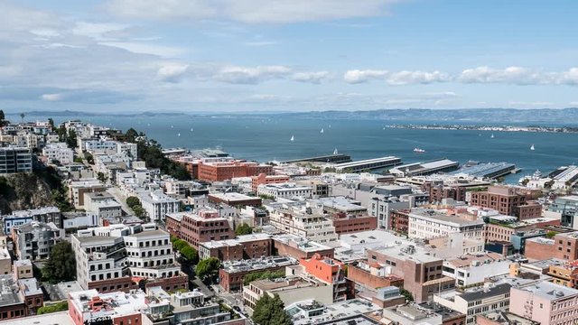 San Francisco Bay sail boats and cityscape afternoon time lapse with zoom out.