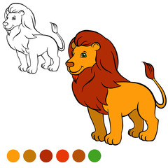 Coloring page. Color me: lion. Cute beautiful lion stands and sm