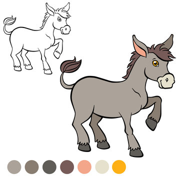 Coloring page. Color me: donkey. Little cute donkey stands and s