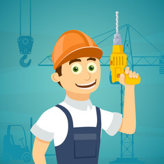 Construction worker with a drill tool in his hand. Stock vector