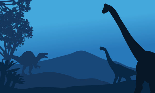 Silhouette of brachiosaurus and spinosaurus