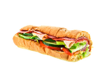 Salami with vegetable sandwich on white background