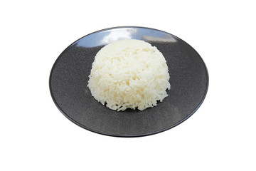 White steamed jasmine rice in black ceramic plates isolate on white background , (with clipping path)