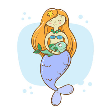 Card with cute cartoon mermaid and  sea shell. Fairy-tale characters.  Children's illustration. Vector image.