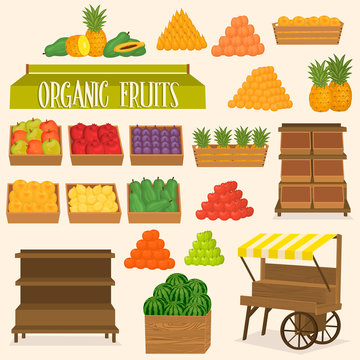 Set for street markets in fruits. Boxes of fruit and vegetables. Shop on wheels. Stand for street markets. A sign for a local store.